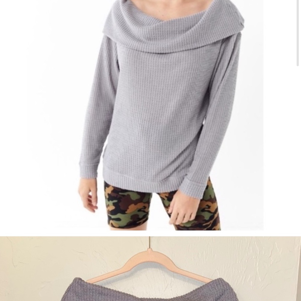 Urban outfitters off the shoulder sweater in mauve and the other in taupe